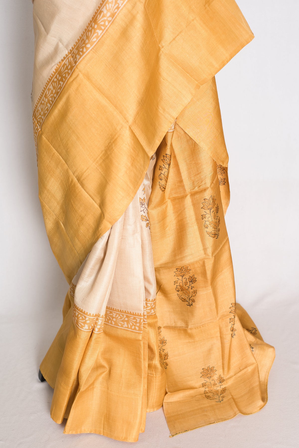 Trisha : Cream and Mustard Yellow Hand Block Printed Pure Tussar Silk Saree