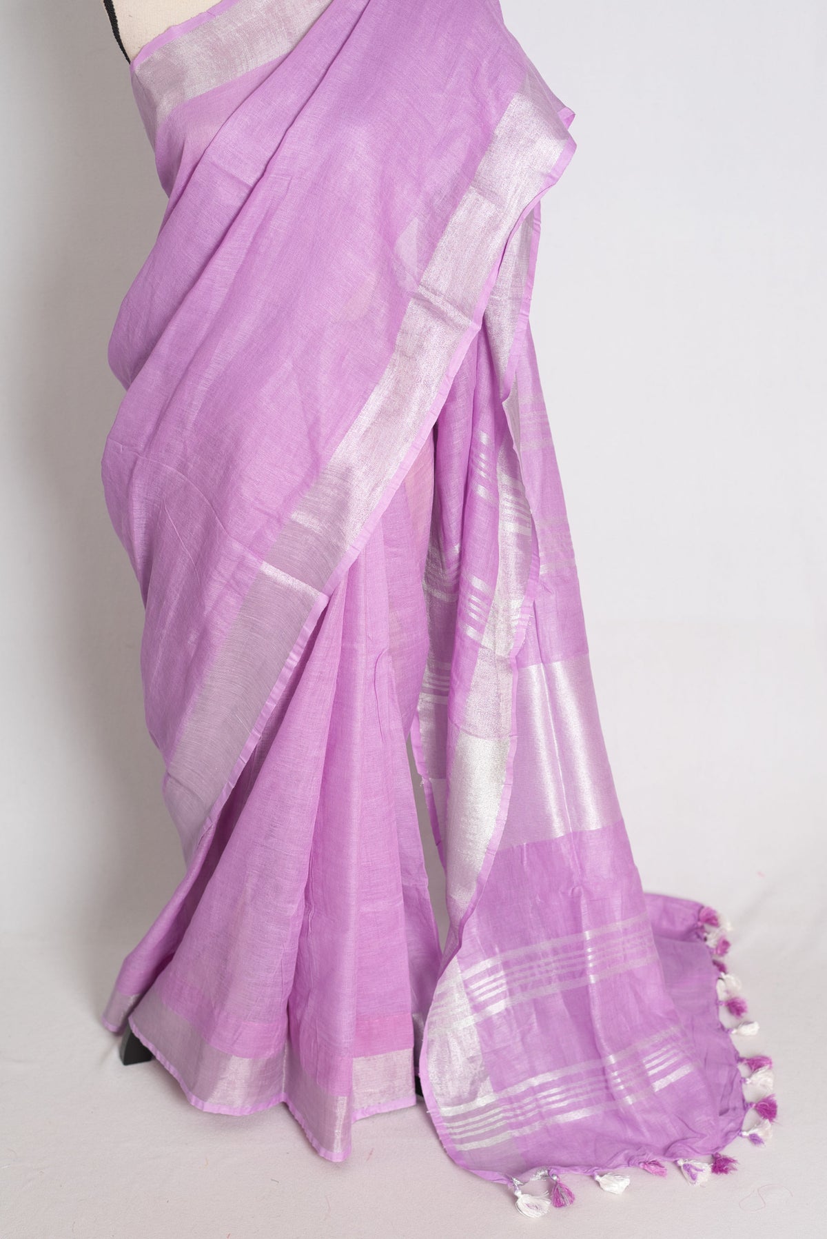 Vibha : Lilac Pure Linen Saree with Silver Zari Border
