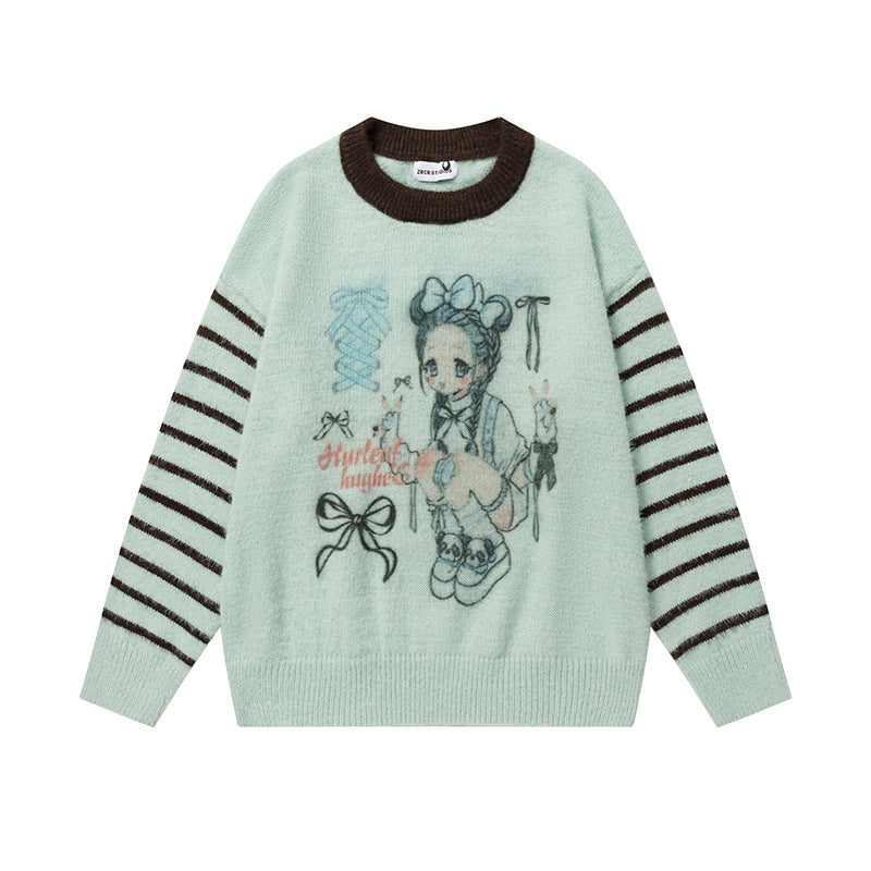 Color-block Striped Sweater Women Loose Lazy Fit Pullover Knitwear