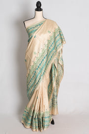 Ishq: Beige Hand-Embroidered Kantha Stitch Silk Mark Certified Tussar Silk Saree