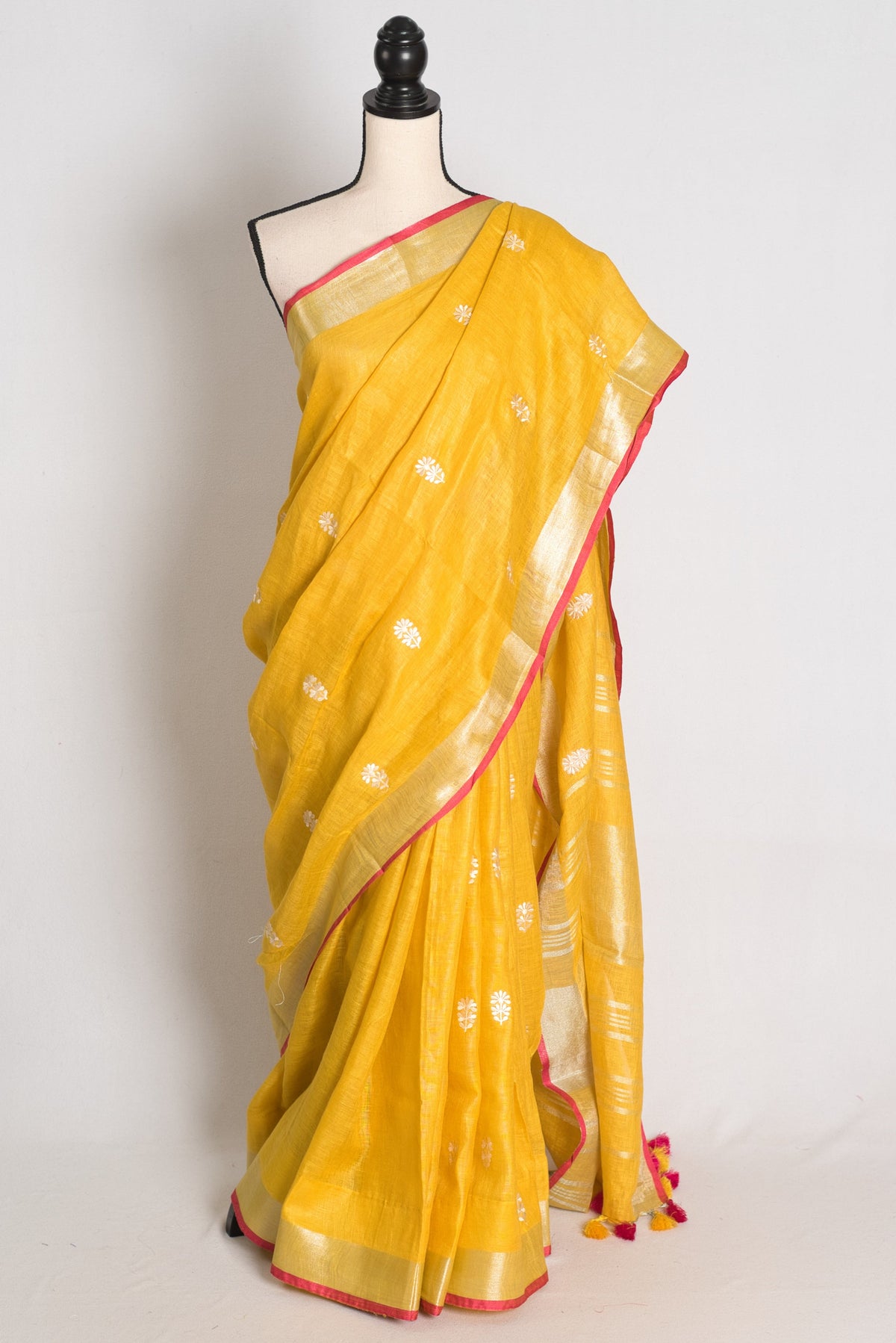 Diya : Yellow Machine Embroidered Pure Linen Saree with Silver Zari Border