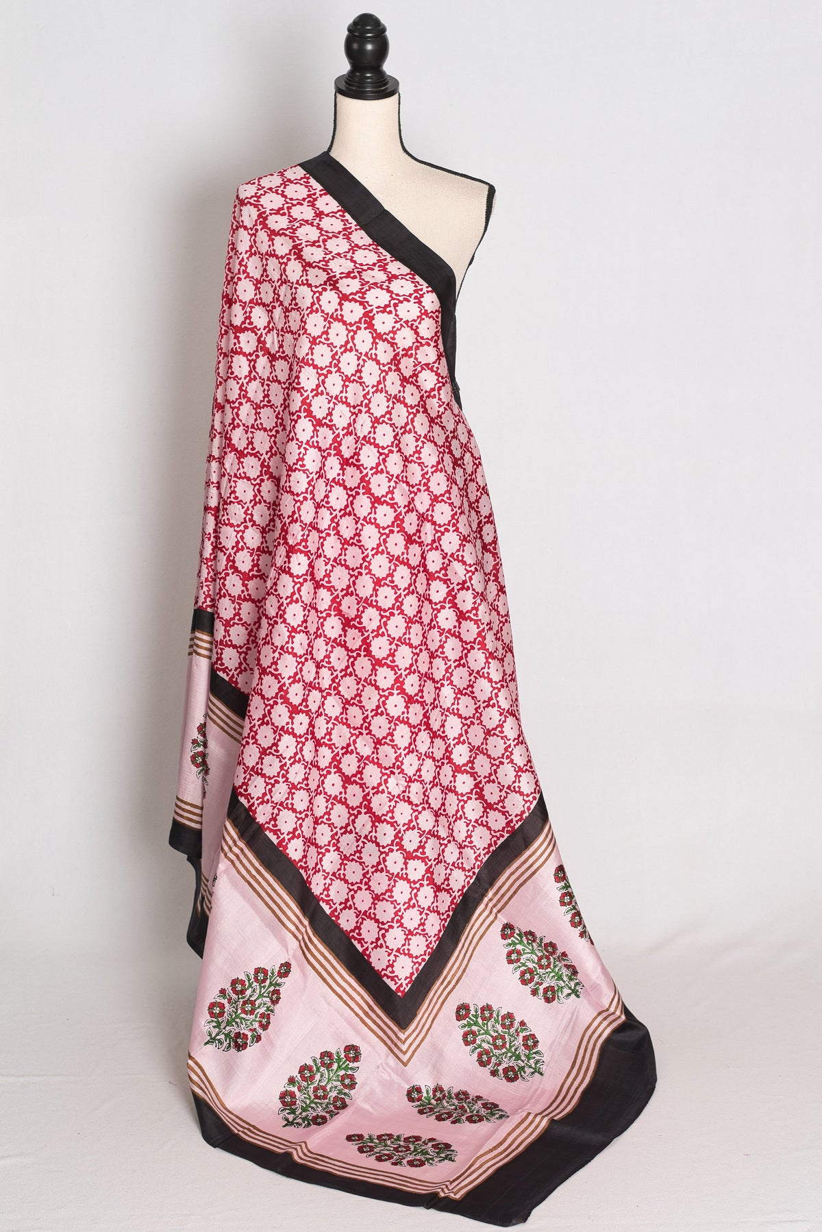 Pritha : Light Pink and Black Hand Block Printed 3-Ply Murshidabad Silk Saree