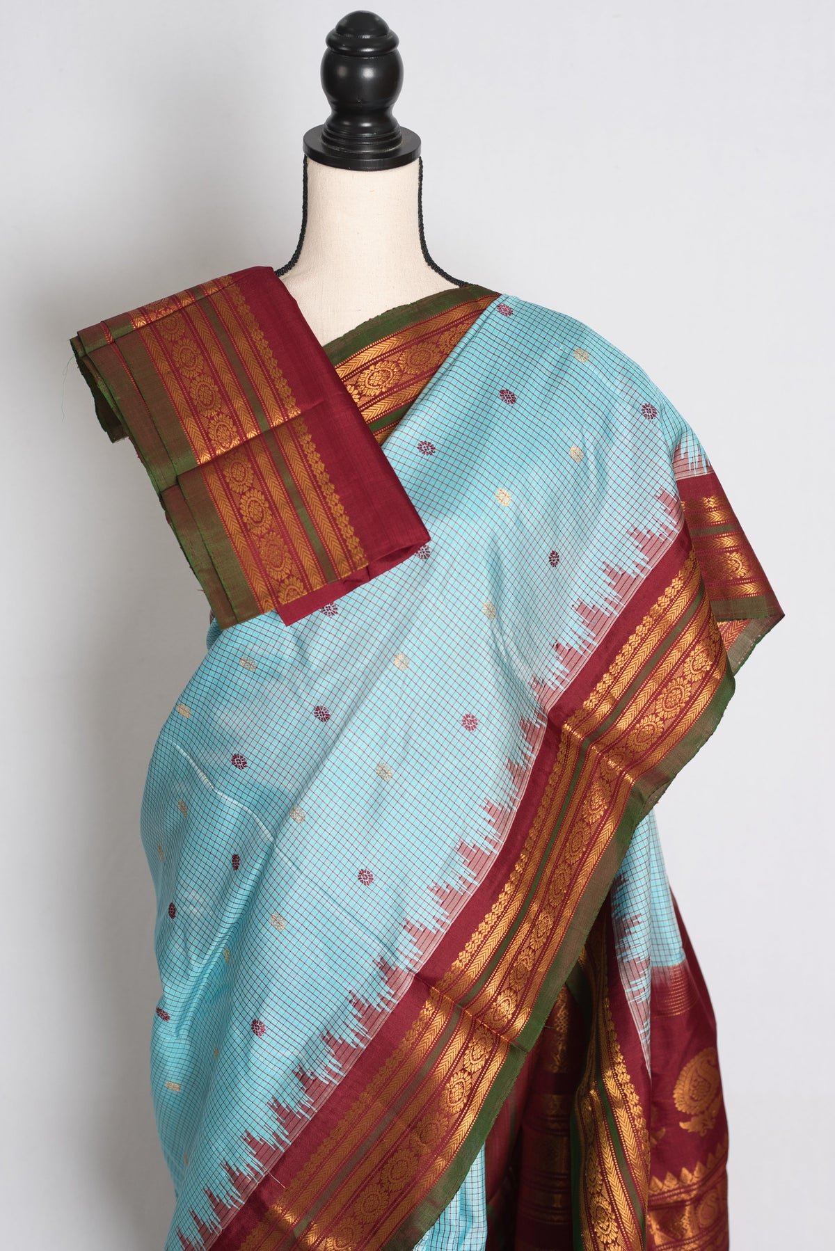 Naheed : Sky Blue and Maroon Micro Checks Handloom Gadwal Silk Saree