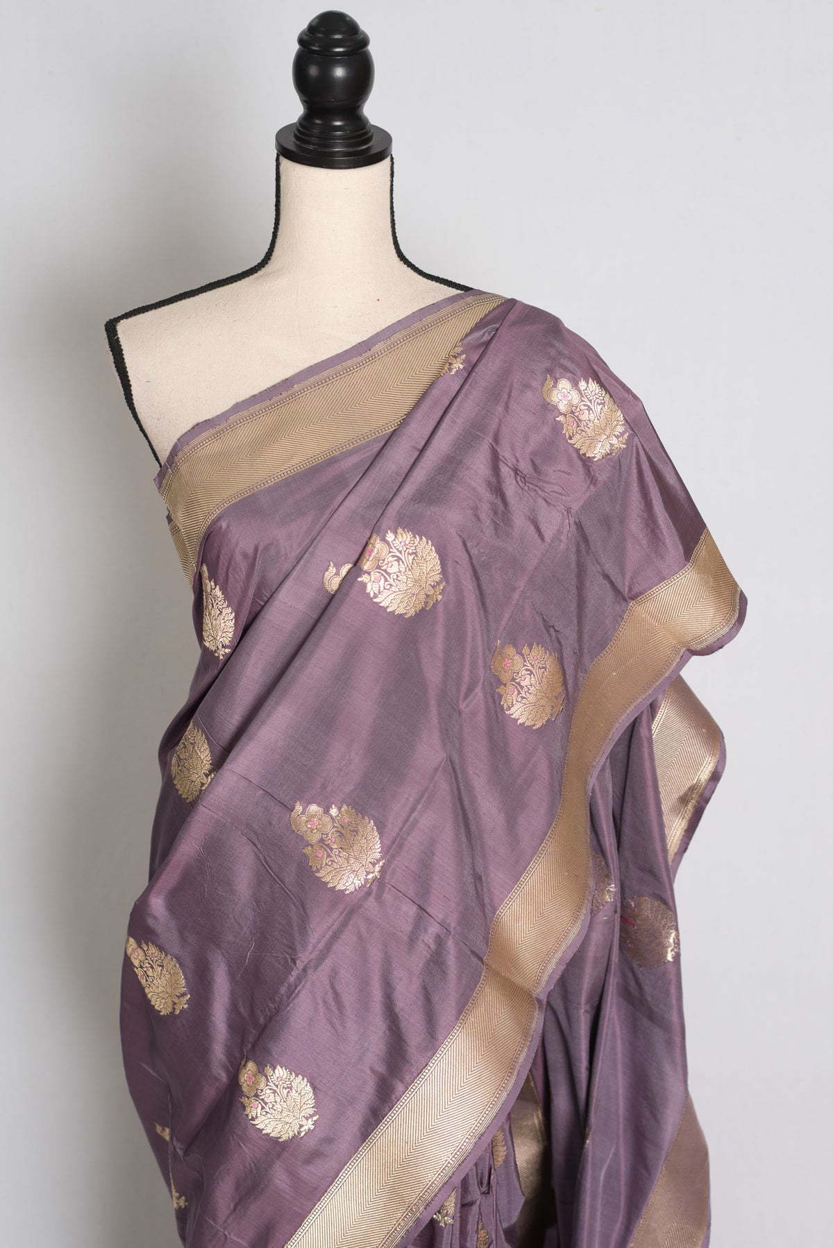 Sudha: Mauve and Gold Banarasi Katan Silk Saree with 40 Size Stitched Blouse