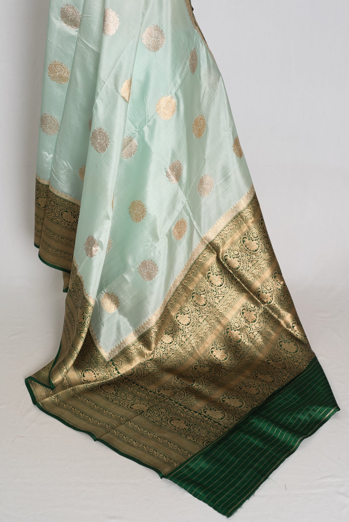 Anisha : Mint Green and Bottle Green Satin Pure Silk Banarasi Saree | Silk Mark