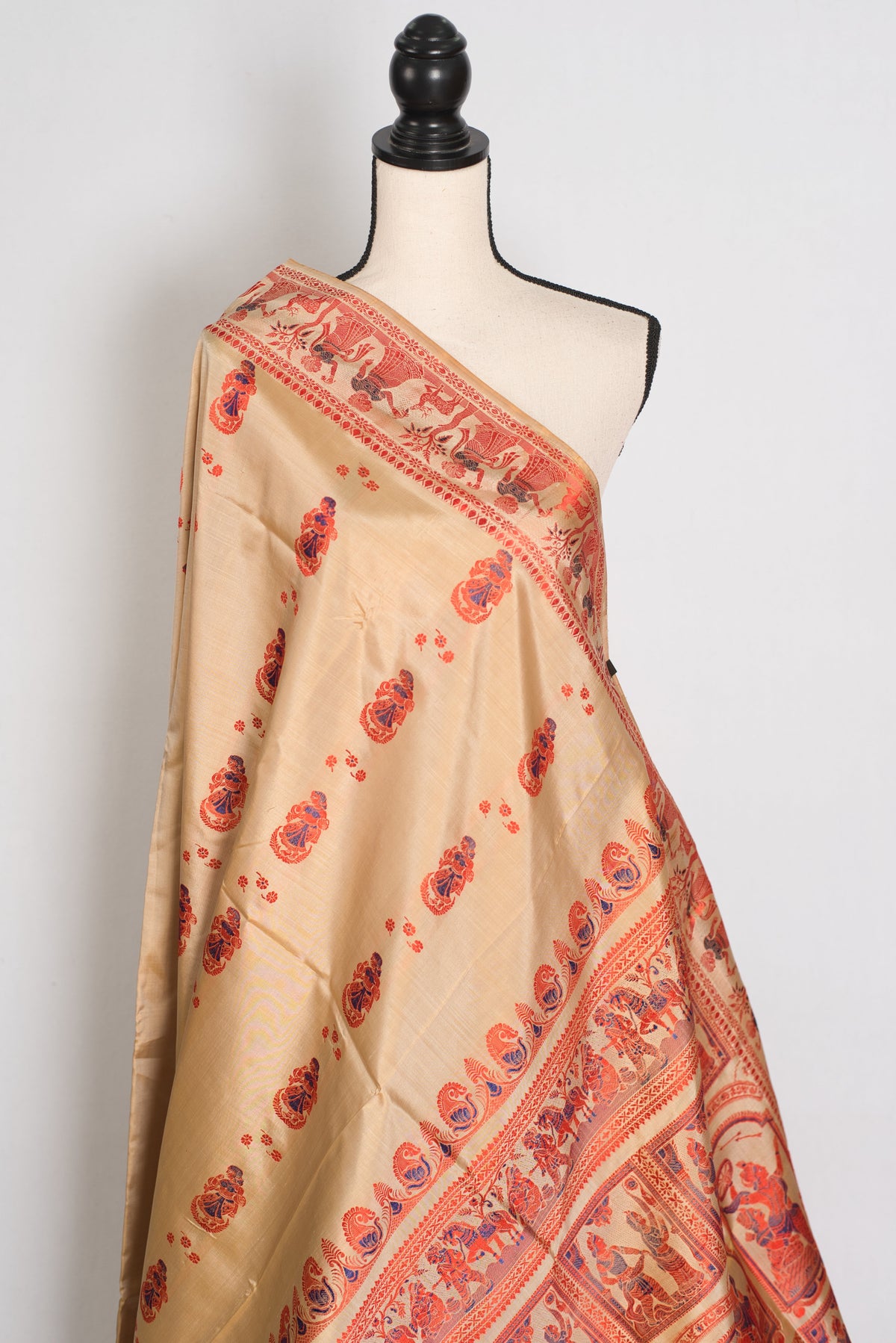Bhromor | Beige & Orange Minakari Handwoven Baluchari Saree | 36 Size Blouse