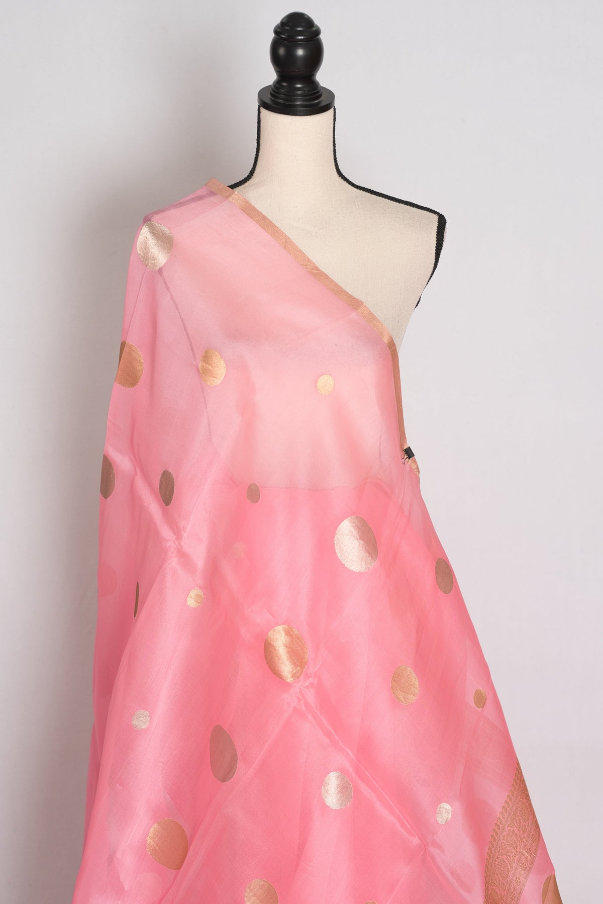 Priya : Pink and Gold Kora Silk Banarasi Saree with Polka Dots