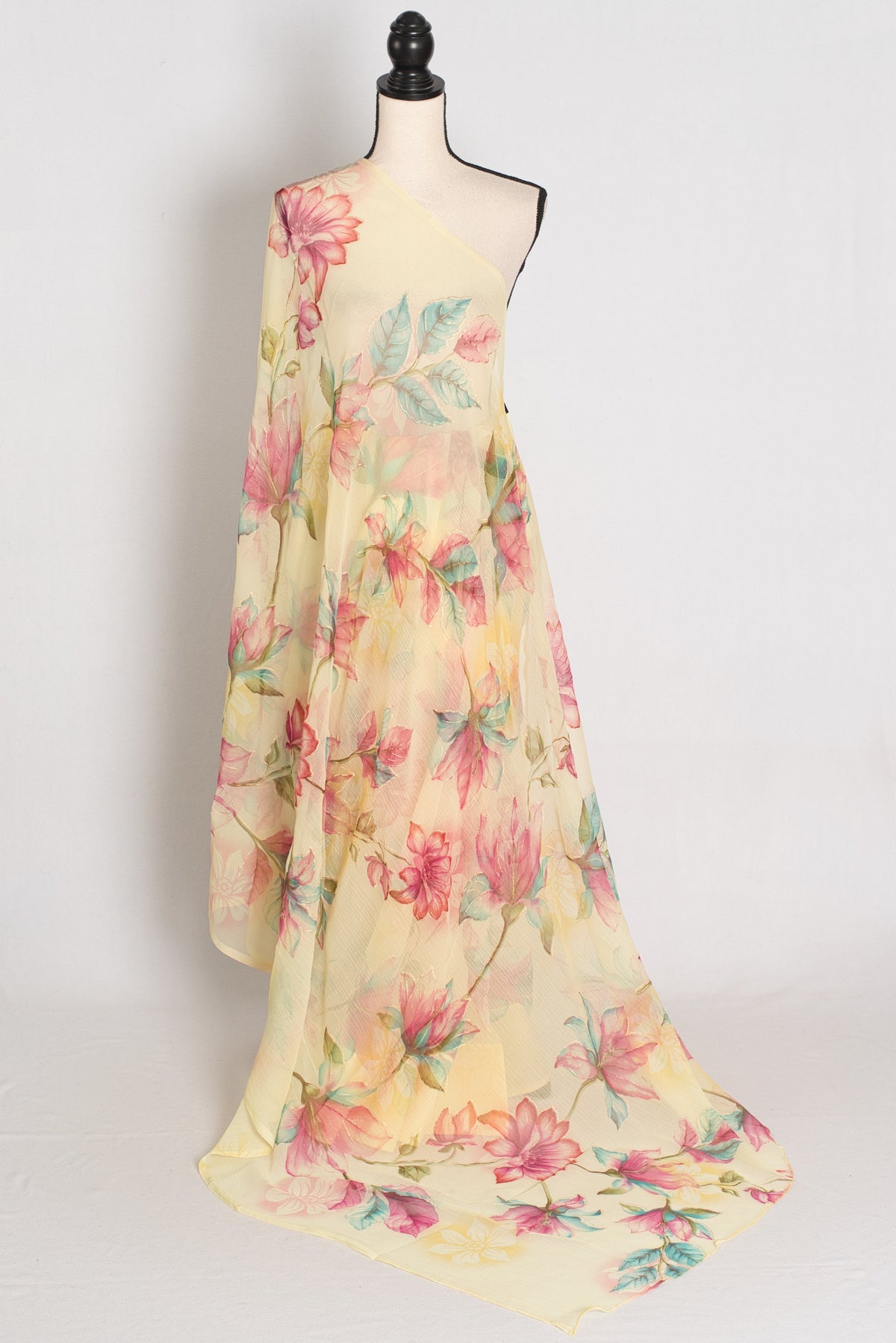 Sia : Light Yellow Floral Printed Chiffon Saree - Budget-Friendly Summer Drape