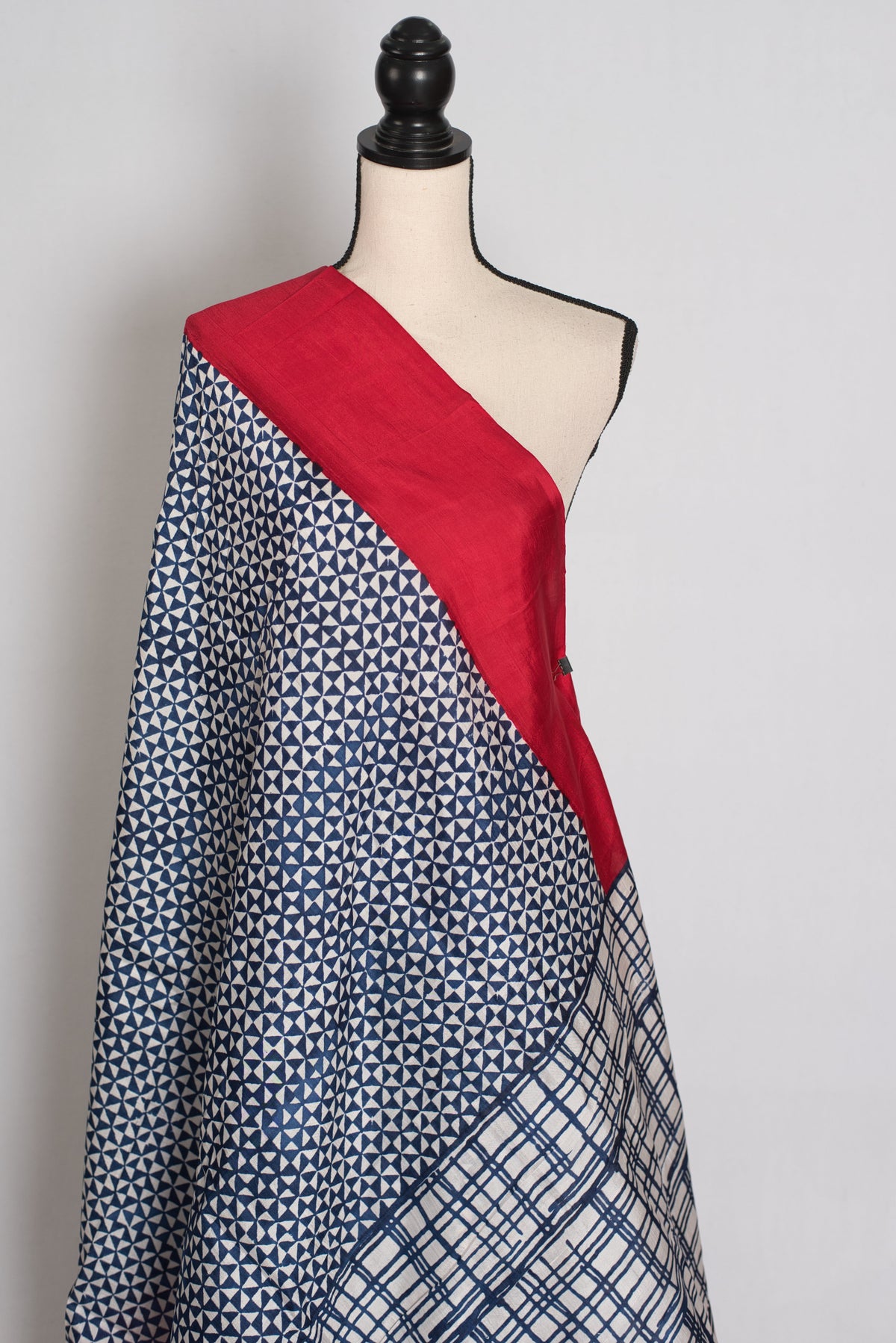 Arundhuti : Blue and Red Contemporary Hand Block Printed Murshidabad Silk Saree