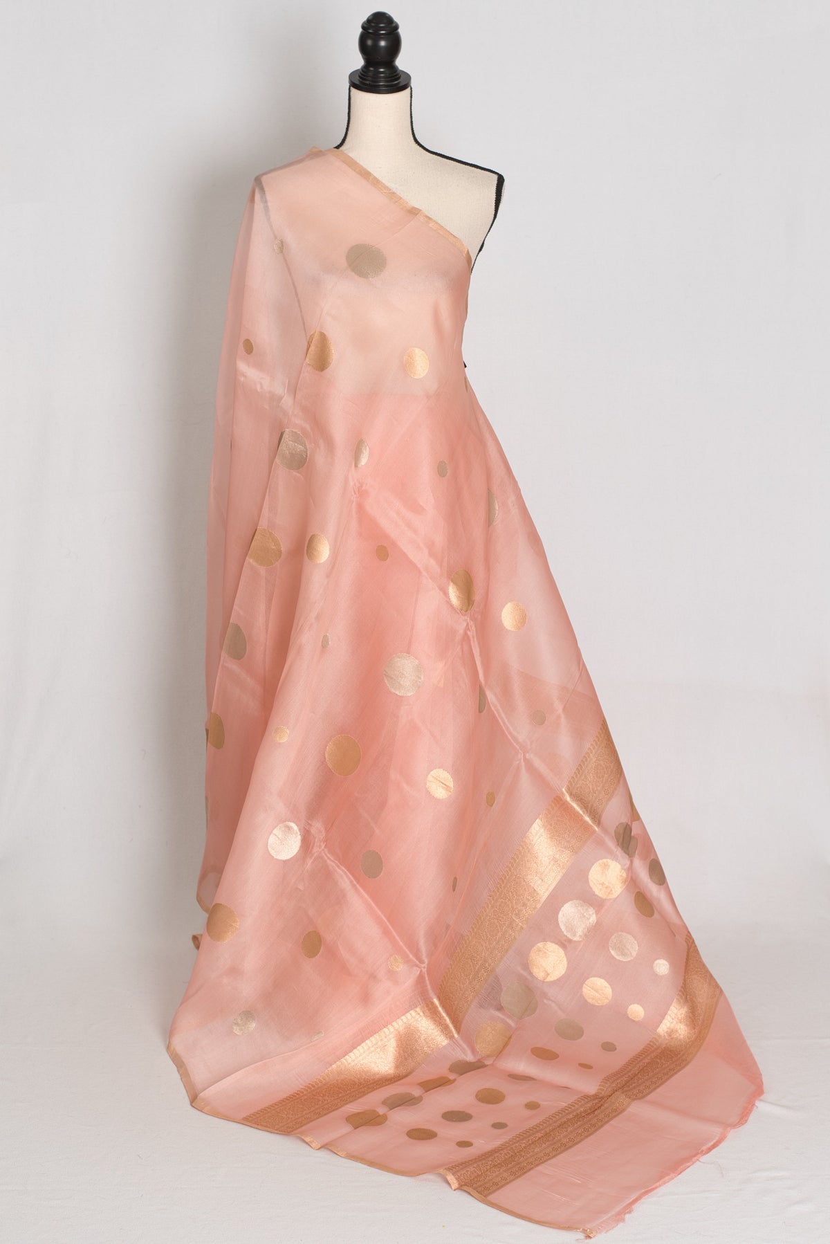 Medha : Peachy Pink Polka Dot Handwoven Kora Banarasi Silk Saree | Silk Mark