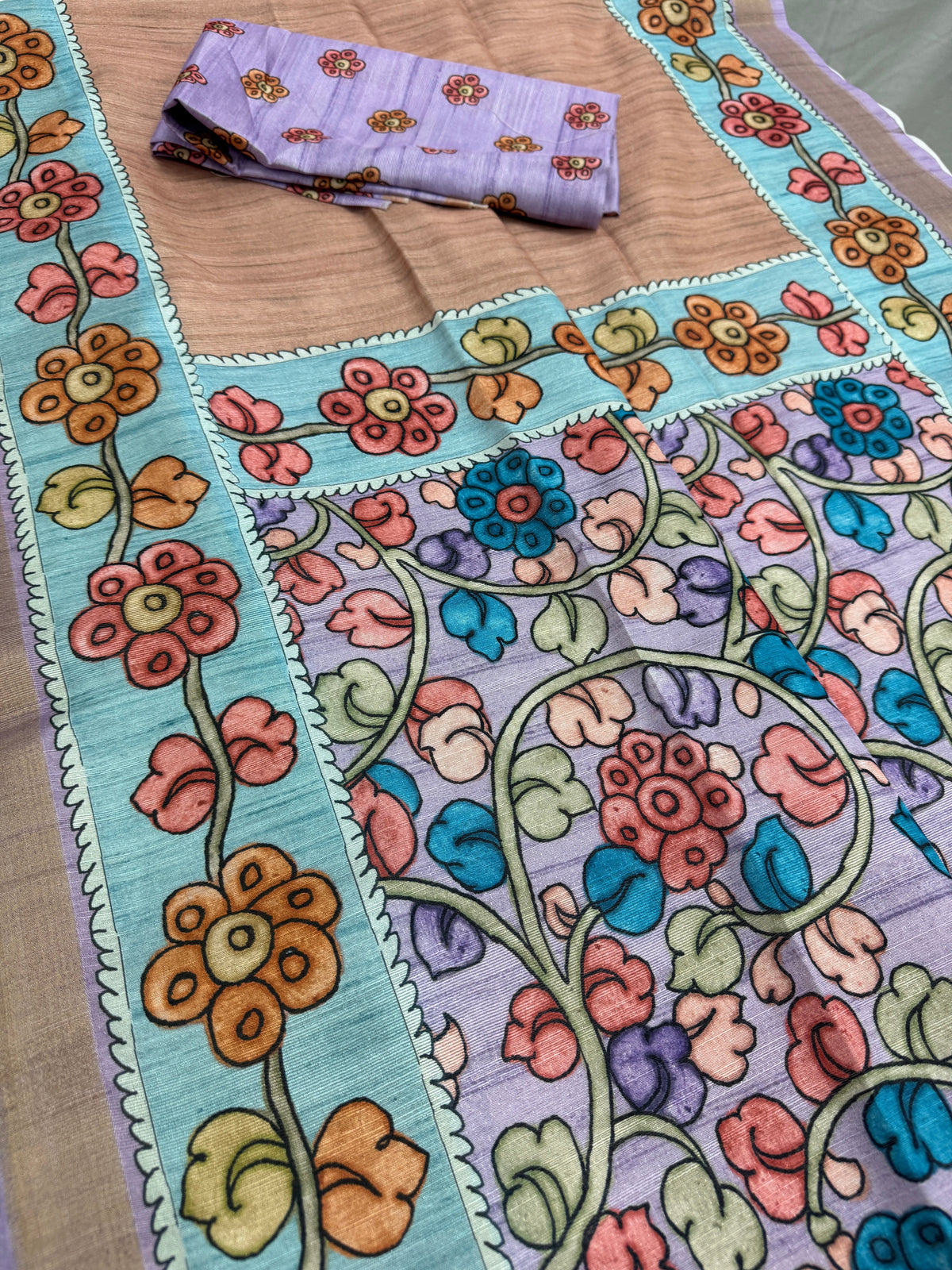 Brinda: Rustic Brown & Cerulean Blue Semi Tussar Saree | Floral Kalamkari Print