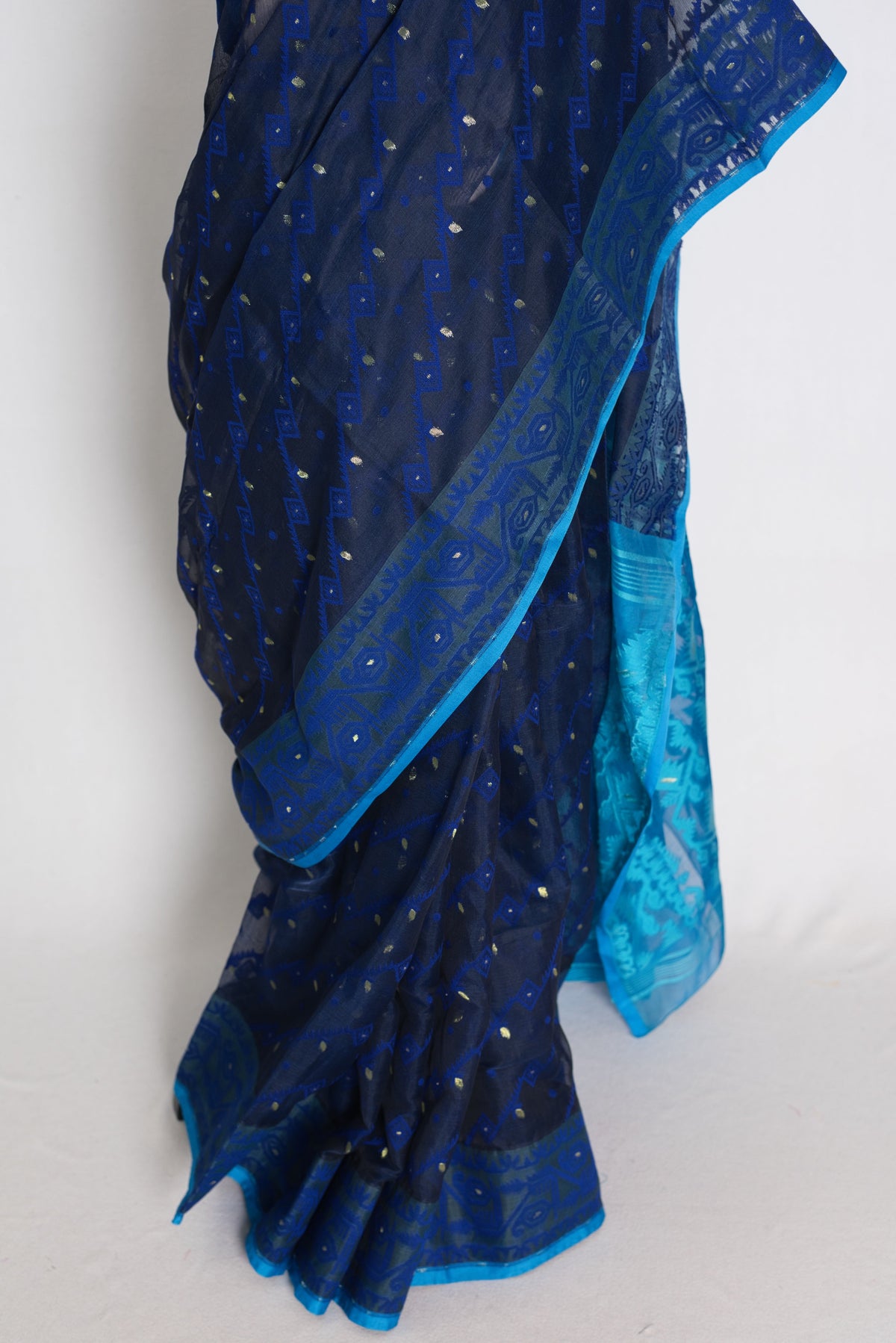 Neela : Midnight Blue & Turquoise Soft Blended Cotton Jamdani Saree