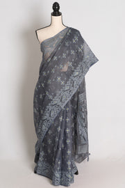 Aman : Cloud Grey Soft Blended Cotton Bengali Jamdani Saree
