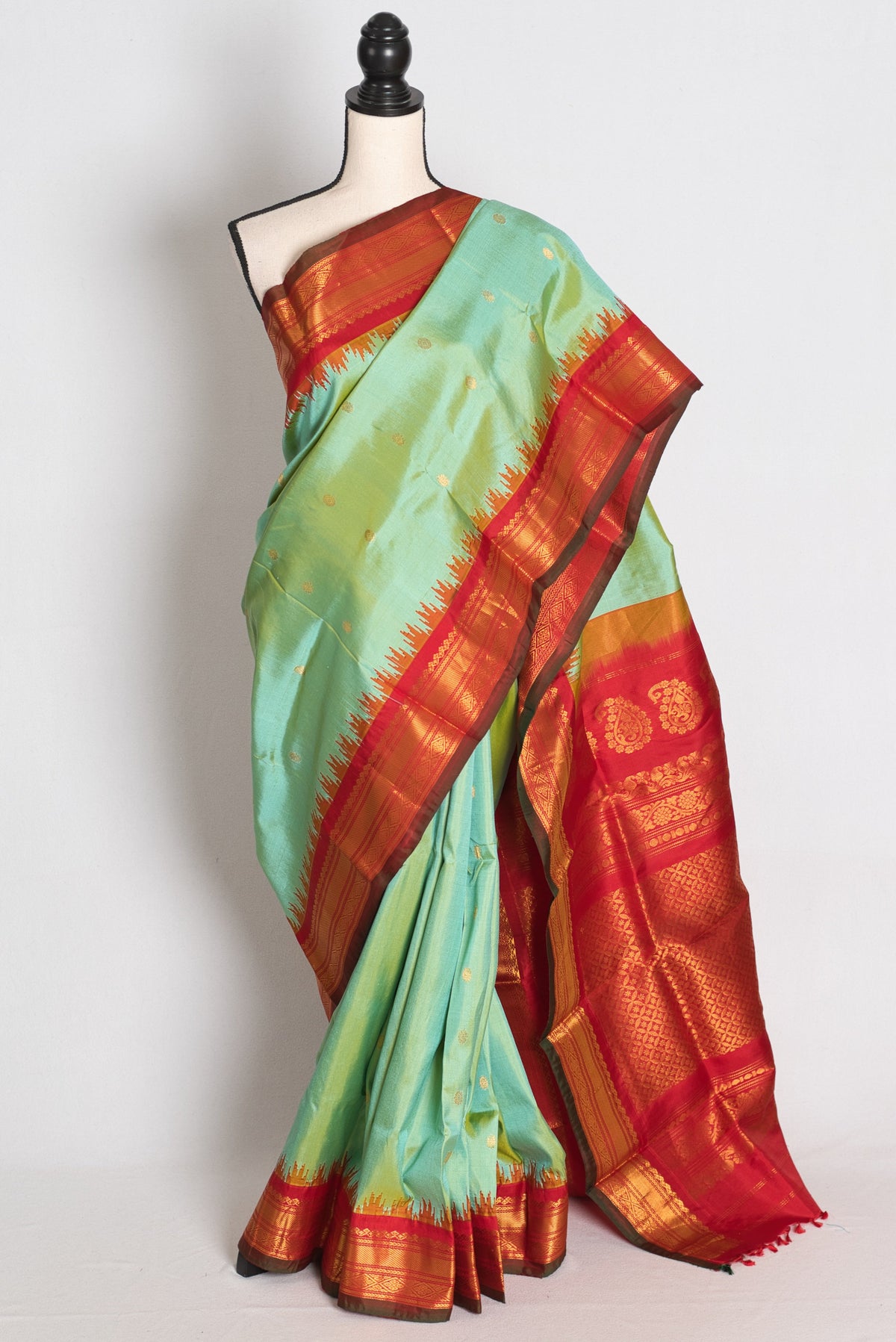 Girija : Sea Green and Red Handwoven Pure Gadwal Silk Saree