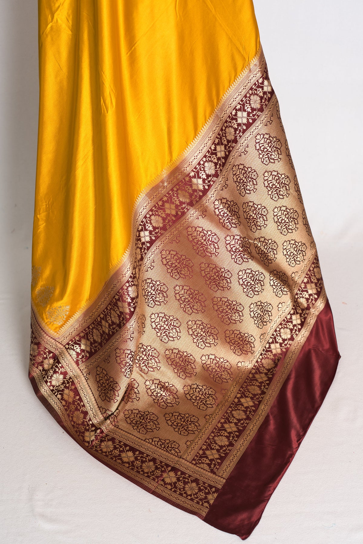 Damini: Mustard Yellow Semi Mashru Valkalam Banarasi Silk Saree