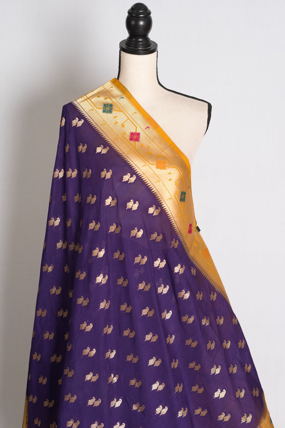 Parul: Purple and Yellow Paithani Inspired Semi Silk Saree