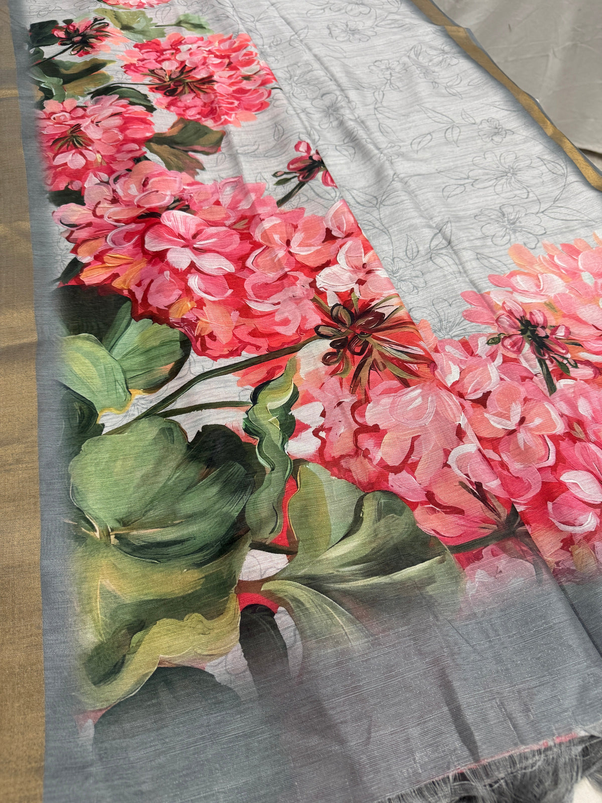 Ila | Grey & Vibrant Pink Floral Printed Semi Tussar Saree
