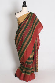 Ajanta : Bottle Green and Red Dhaniakhali Bengal Handloom Pure Soft Cotton Saree