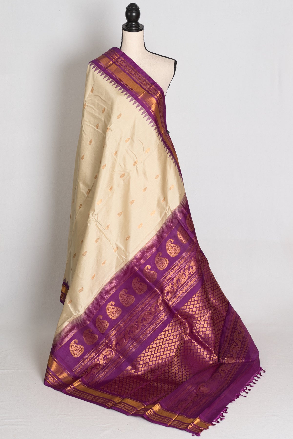 Sree : Clay White and Purple Handwoven Gadwal Silk Saree with Gold Zari