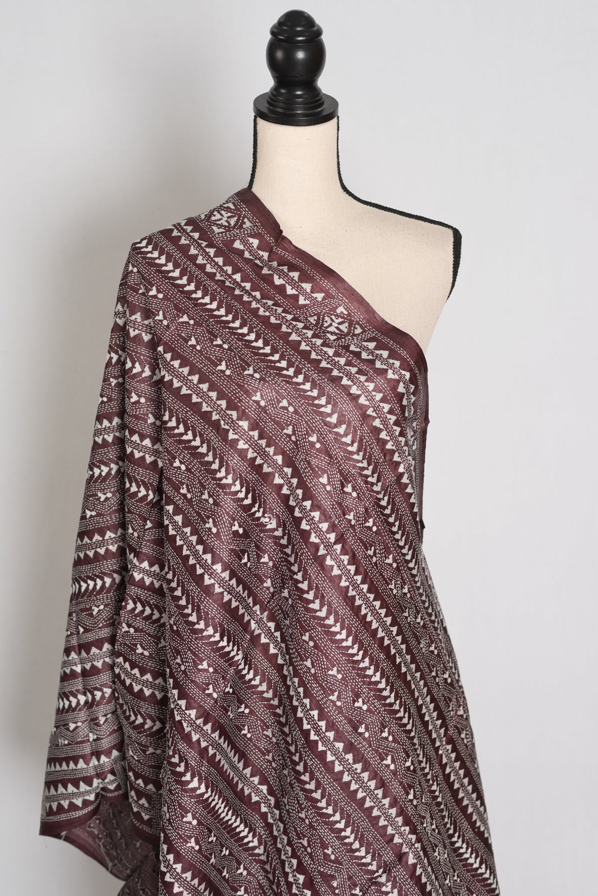Artisanal West Bengal Dark Brown Pure Desi Tussar Silk Kantha Dupatta