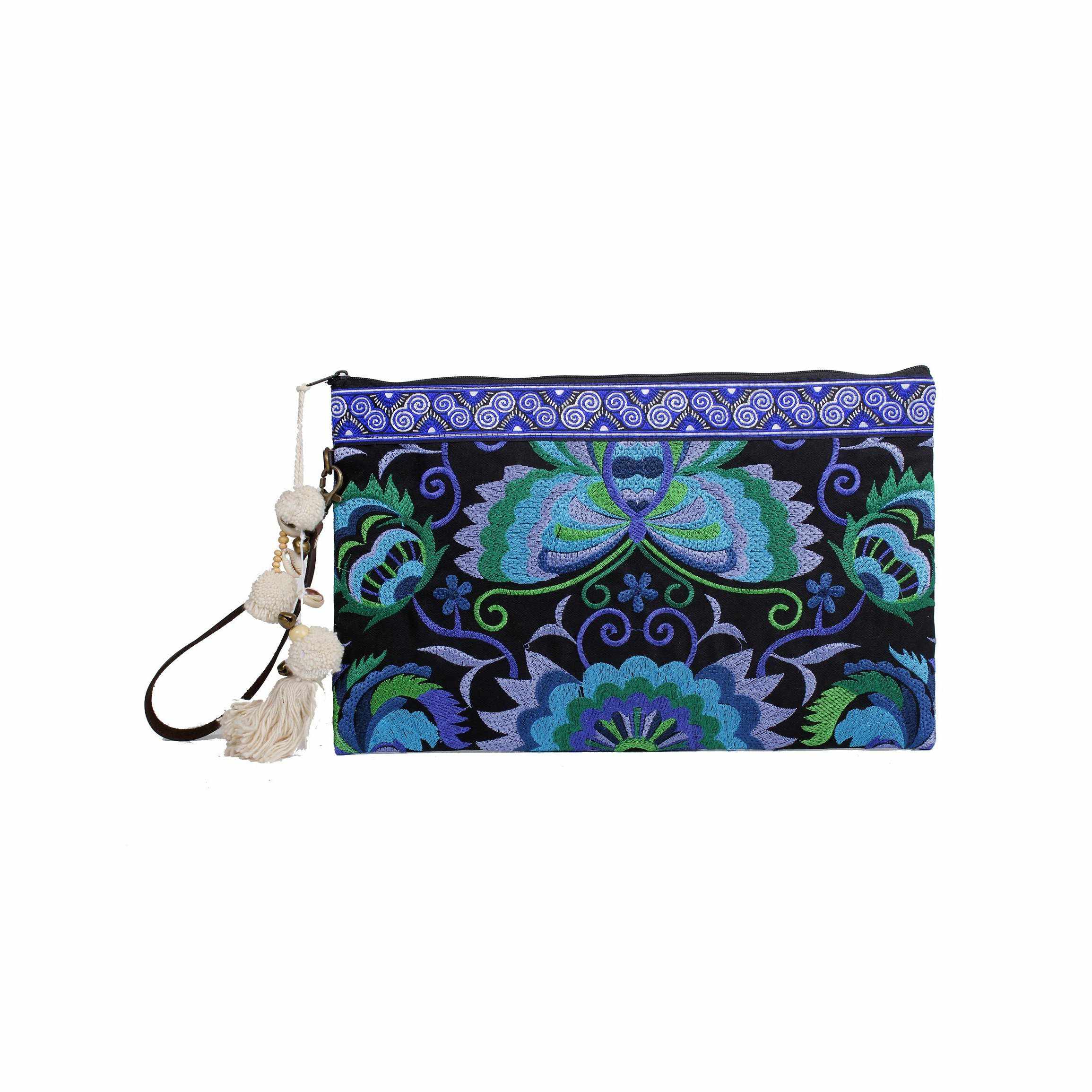 Botanica Embroidered Wristlet with PomPoms - Thailand