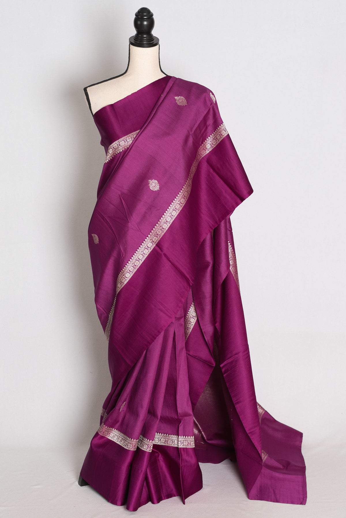 Girish : Deep Plum Tussar Silk Banarasi Handwoven Saree with Solid Satin Border