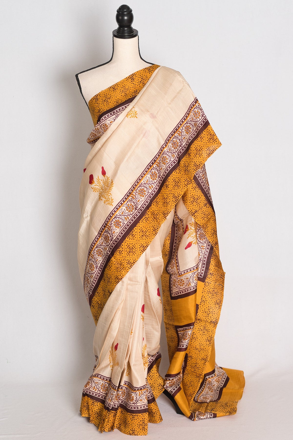 Mati : Cream and Mustard Yellow Printed Pure Silk Saree with 38 Size Blouse