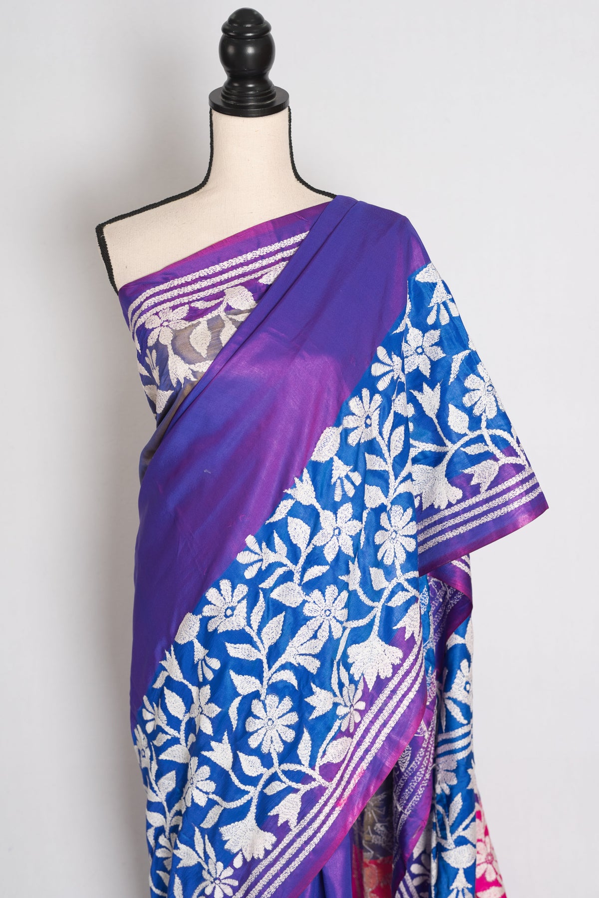 Sandhya : Purple Semi Silk Kantha Stitch Saree | Hand-Embroidered
