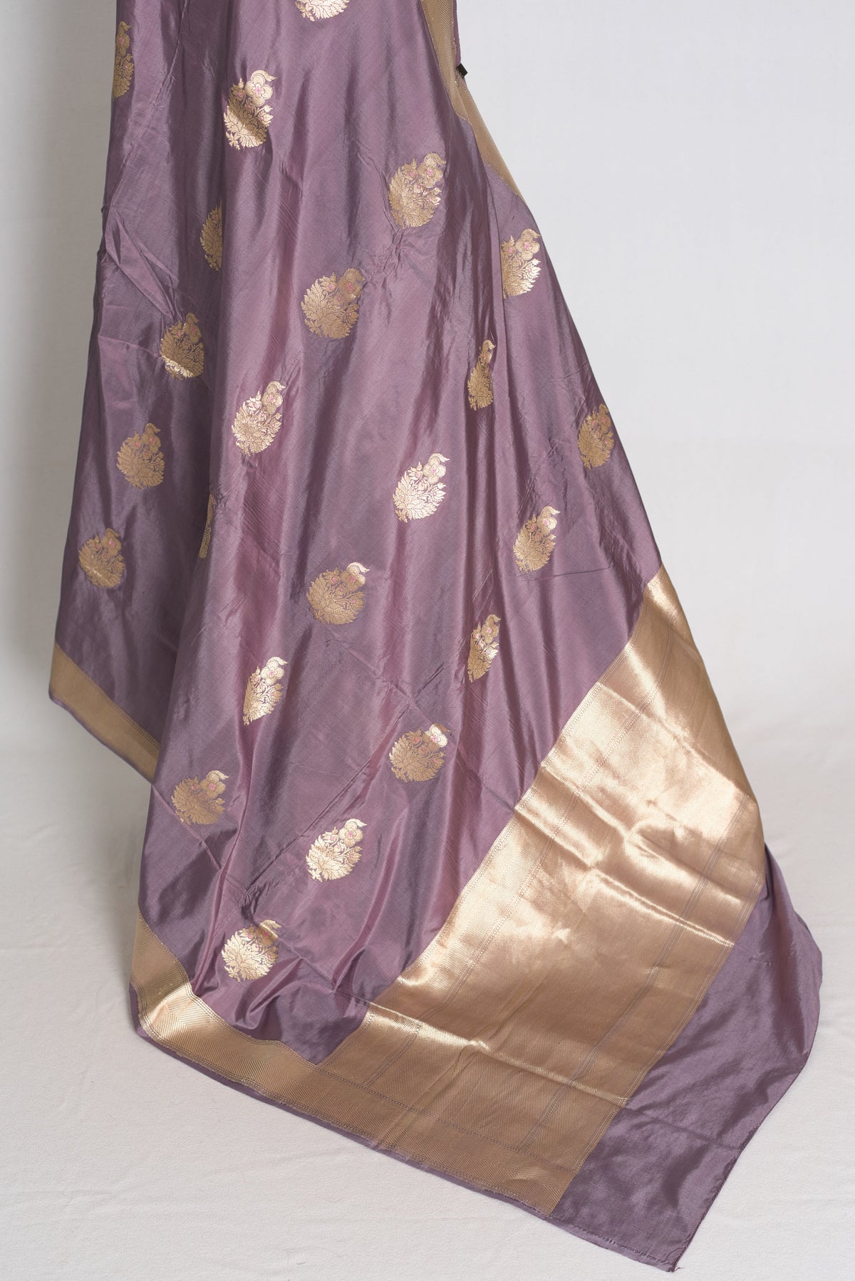 Sudha: Mauve and Gold Banarasi Katan Silk Saree with 40 Size Stitched Blouse