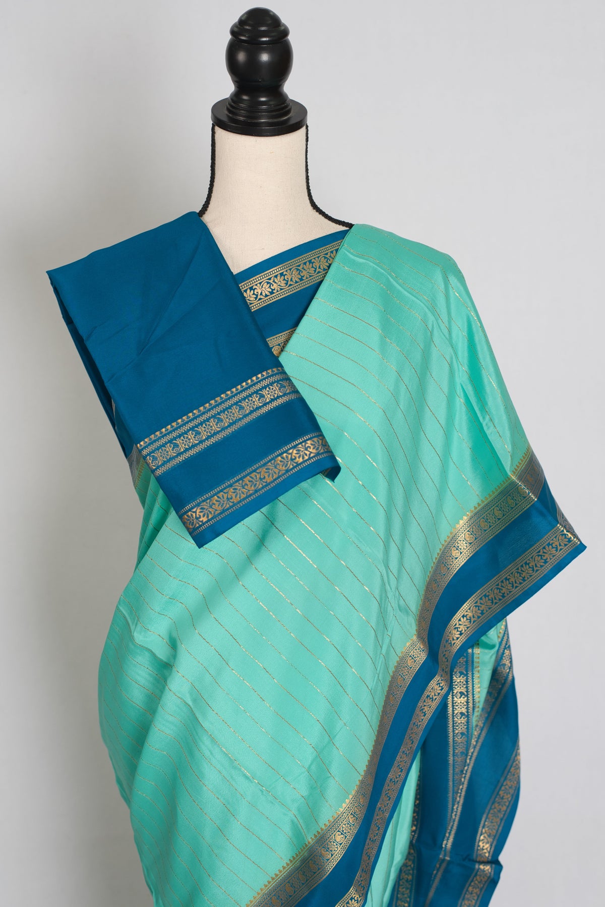 Divya : Aqua Blue & Teal Premium Mysore Crepe Silk Saree | Silk Mark Certified
