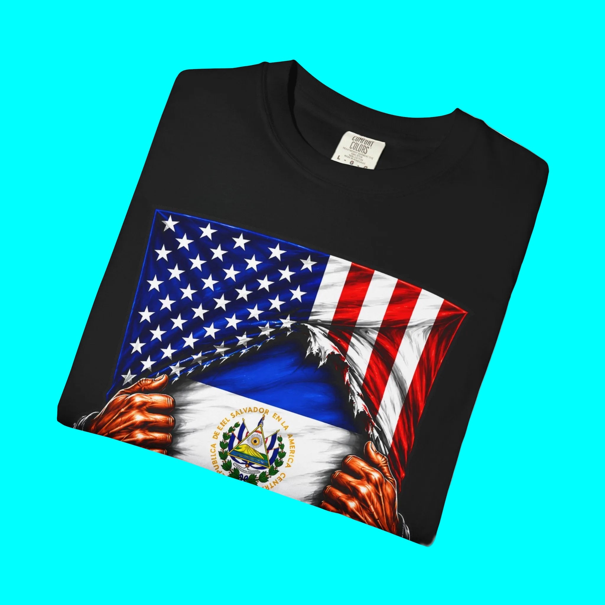 El Salvador Flag + USA Flag Pride T-shirt | Salvadorian + American Flag Rip 4th Of July | Funny Viral Latino Tees | Unisex - 4 Colors