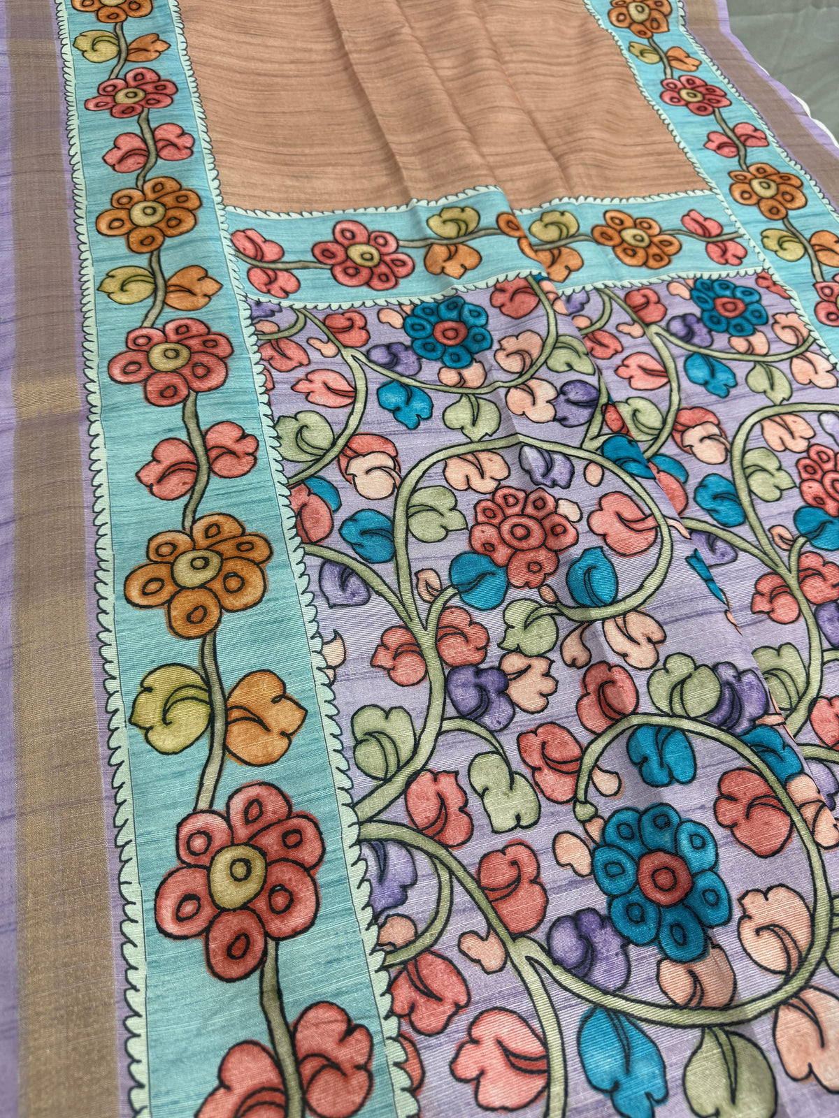 Brinda: Rustic Brown & Cerulean Blue Semi Tussar Saree | Floral Kalamkari Print