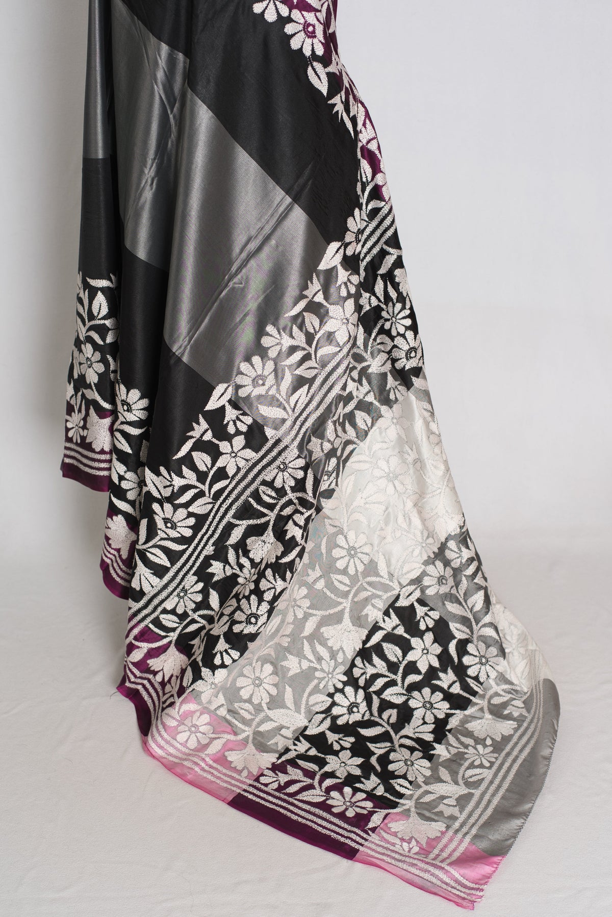 Neha : Black and Gray Hand Embroidered Kantha Stitch Semi Silk Saree