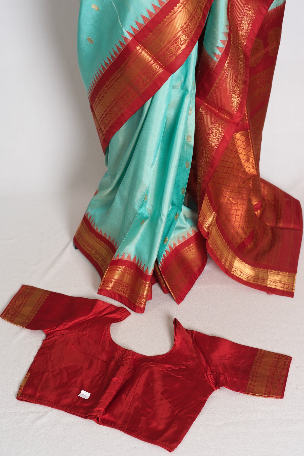Shreya : Sea Blue & Red Handwoven Pure Gadwal Silk Saree with Stitched Blouse