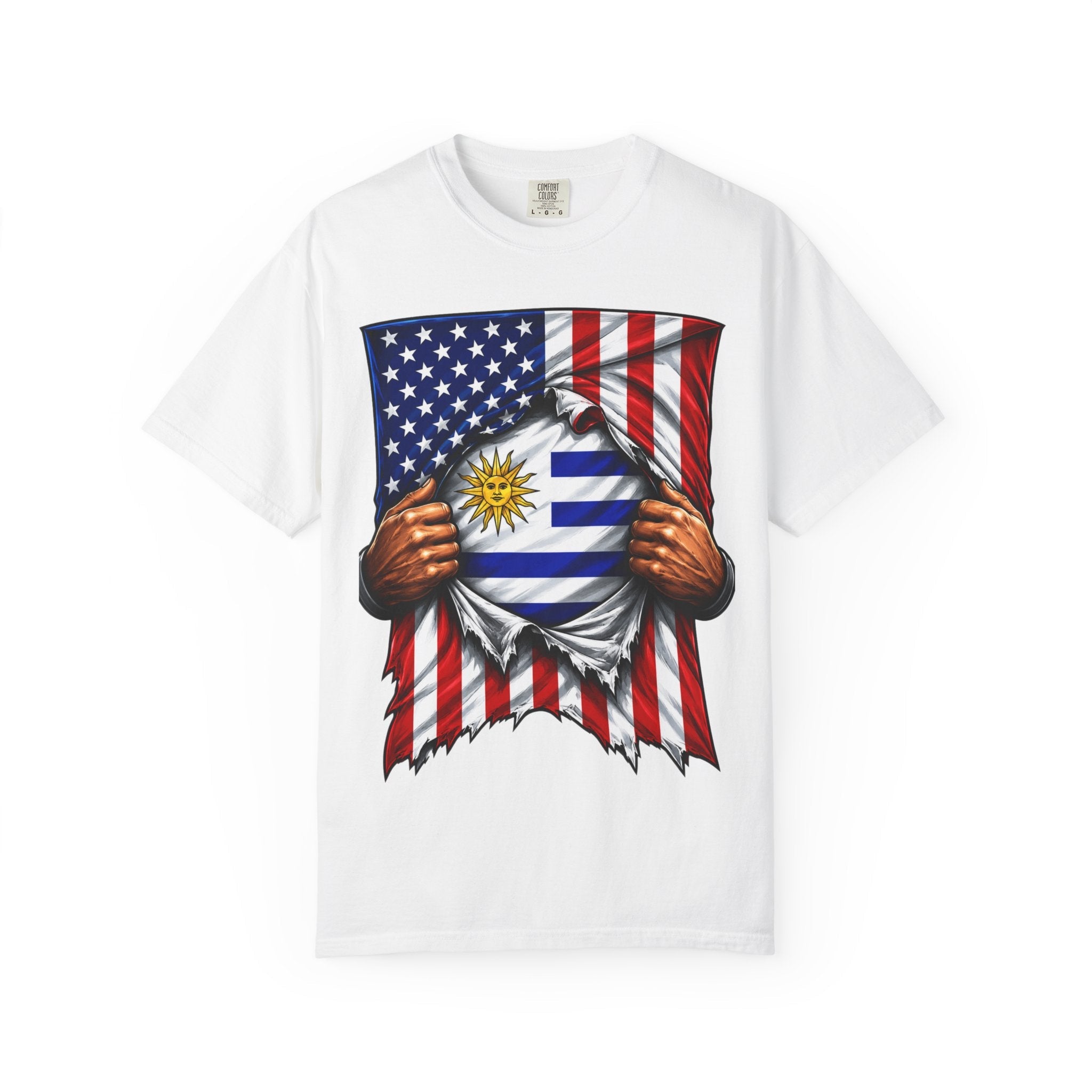 Uruguay Flag + USA Flag Pride T-shirt | Uruguayan + American Flag Rip 4th Of July | Funny Viral Latino Tees | Unisex - 4 Colors