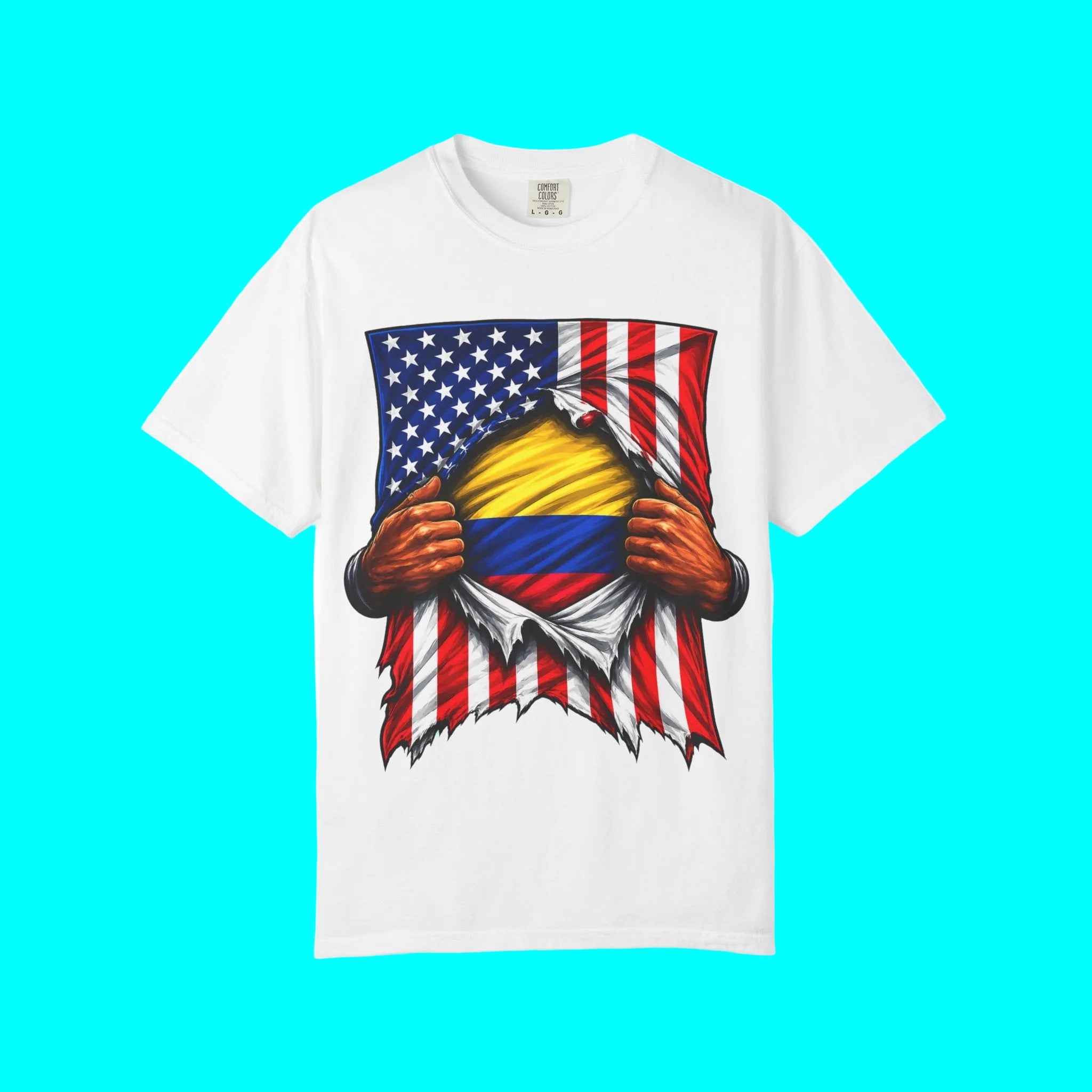 Colombia Flag + USA Flag Pride T-shirt | Colombian + American Flag Rip 4th Of July | Funny Viral Latino Tees | Unisex - 4 Colors