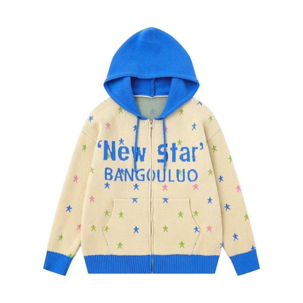 Starry Contrasting Hooded Knitted Sweater