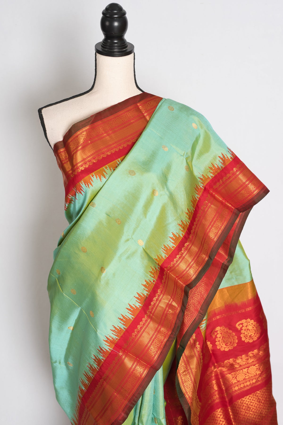 Girija : Sea Green and Red Handwoven Pure Gadwal Silk Saree