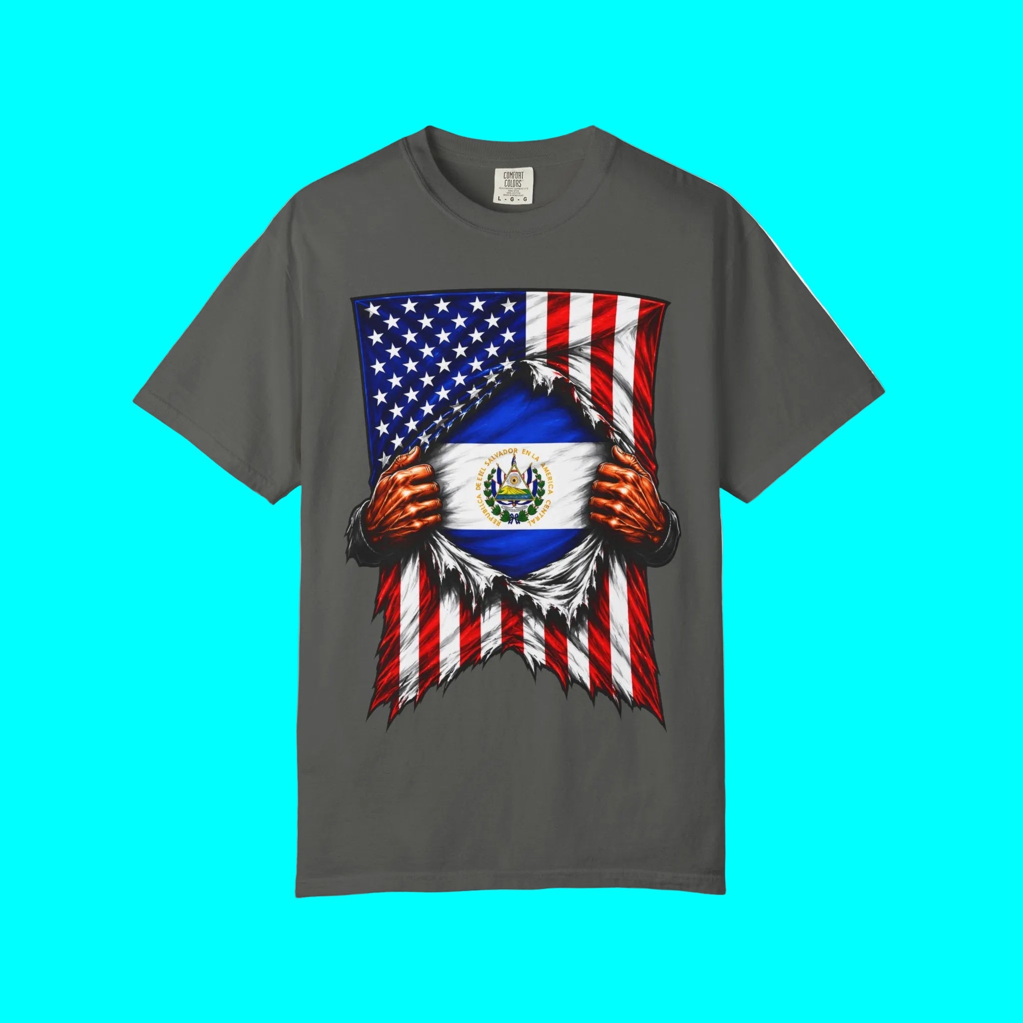 El Salvador Flag + USA Flag Pride T-shirt | Salvadorian + American Flag Rip 4th Of July | Funny Viral Latino Tees | Unisex - 4 Colors