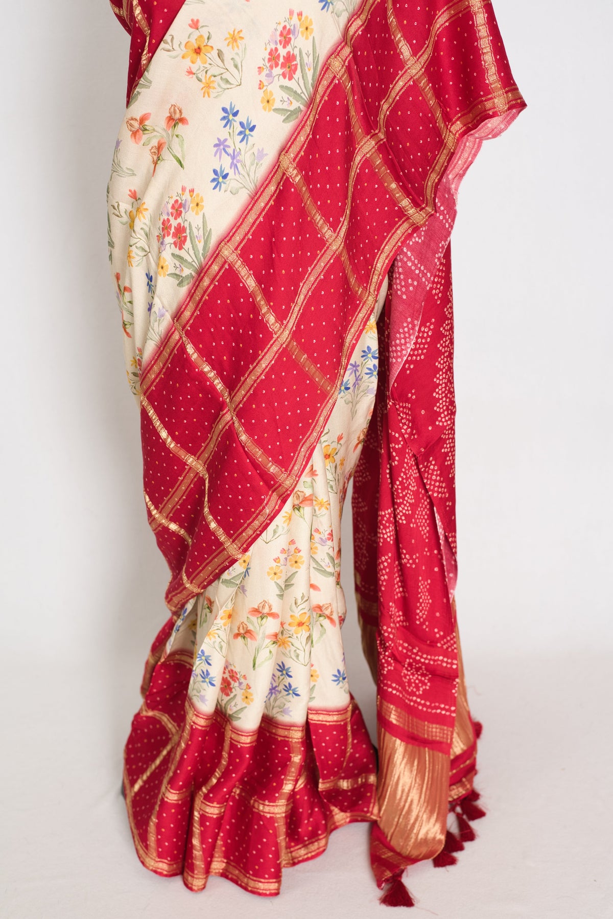 Mehuli | Cream & Rosy Red Modal Silk Saree | Gharchola & Bandhani Print