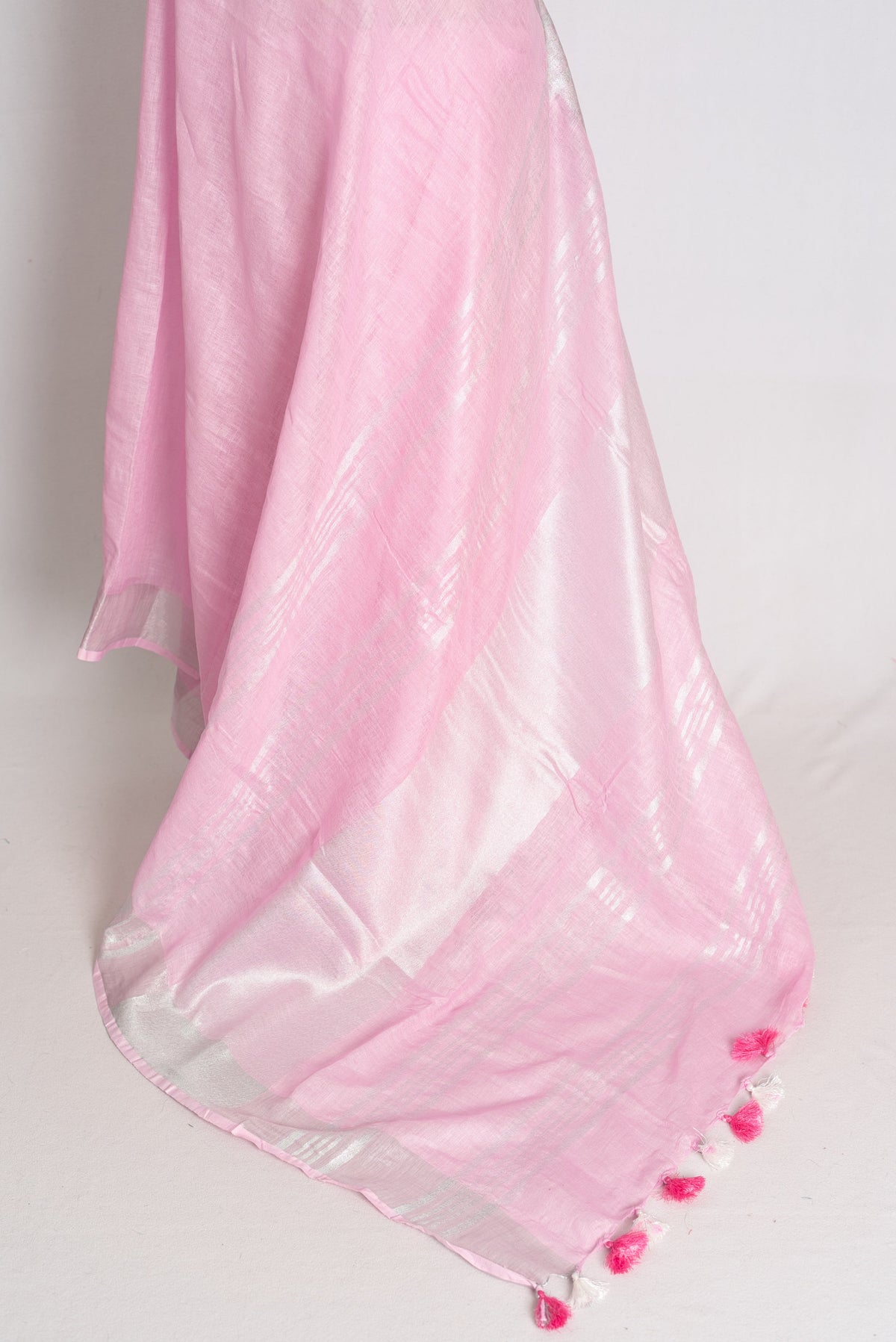 Girija : Baby Pink Pure Linen Saree with Silver Zari Border