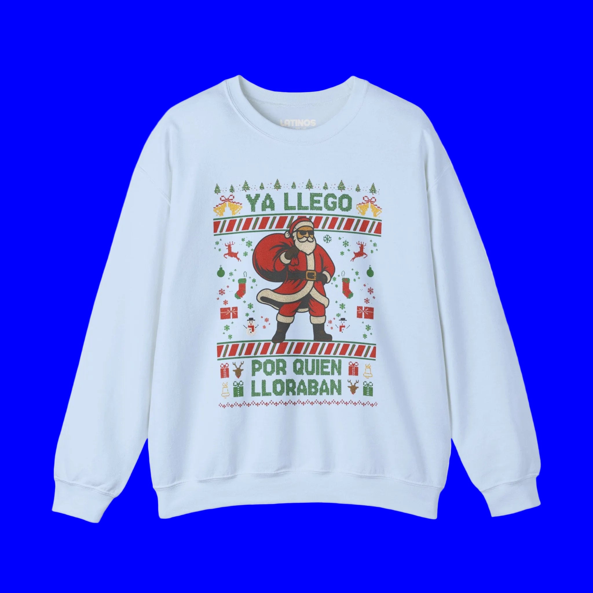 Ya Llegó Por Quien Lloraban Knit-Style Santa Christmas Crewneck Sweater | Funny Spanish Latino | 3 Colors