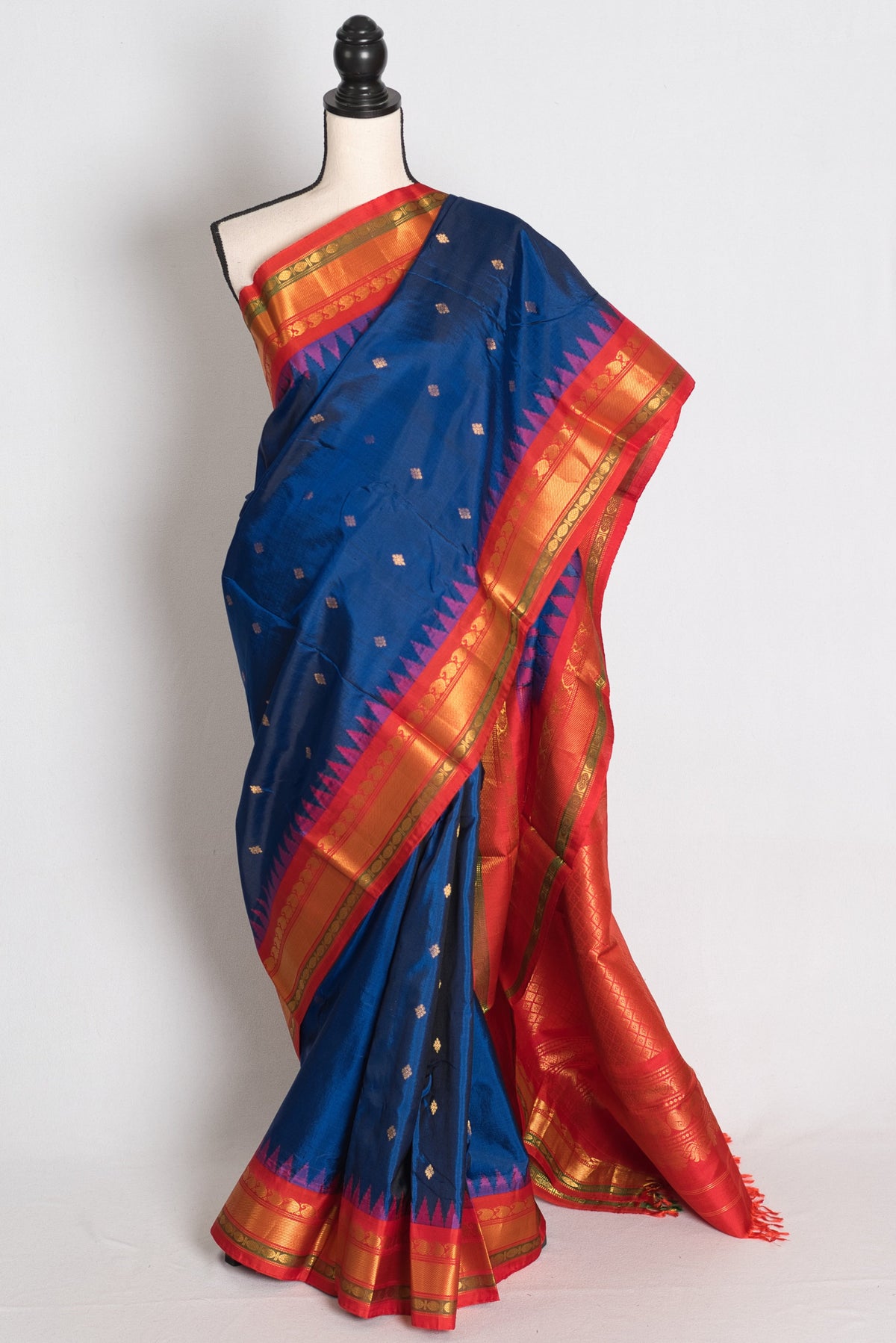 Pooja: Deep Peacock Blue Handloom Gadwal Pure Silk Saree with Red & Gold Zari