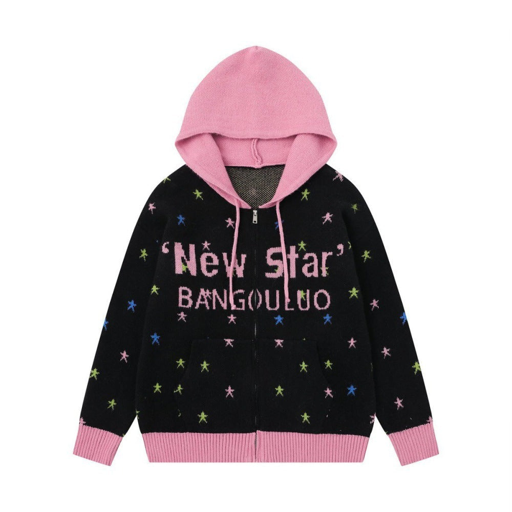 Starry Contrasting Hooded Knitted Sweater