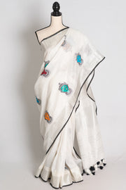 Durga : White Pure Linen Saree with Colorful Durga Face Machine Embroidery
