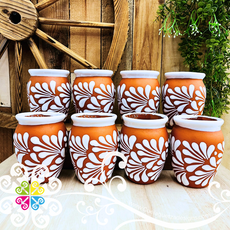 Set of Natural with White Espiga Plumeado Cantarito Cup - Set Clay Cantarito