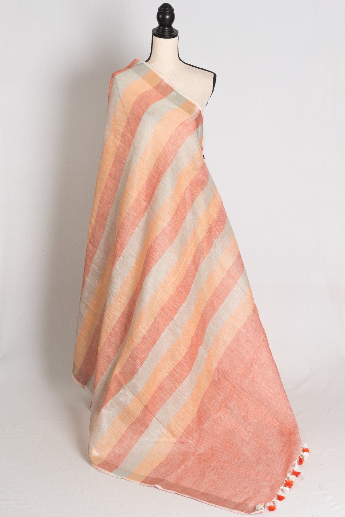 Priya : Pastel Orange and Powder Blue Lateral Striped Pure Linen Saree
