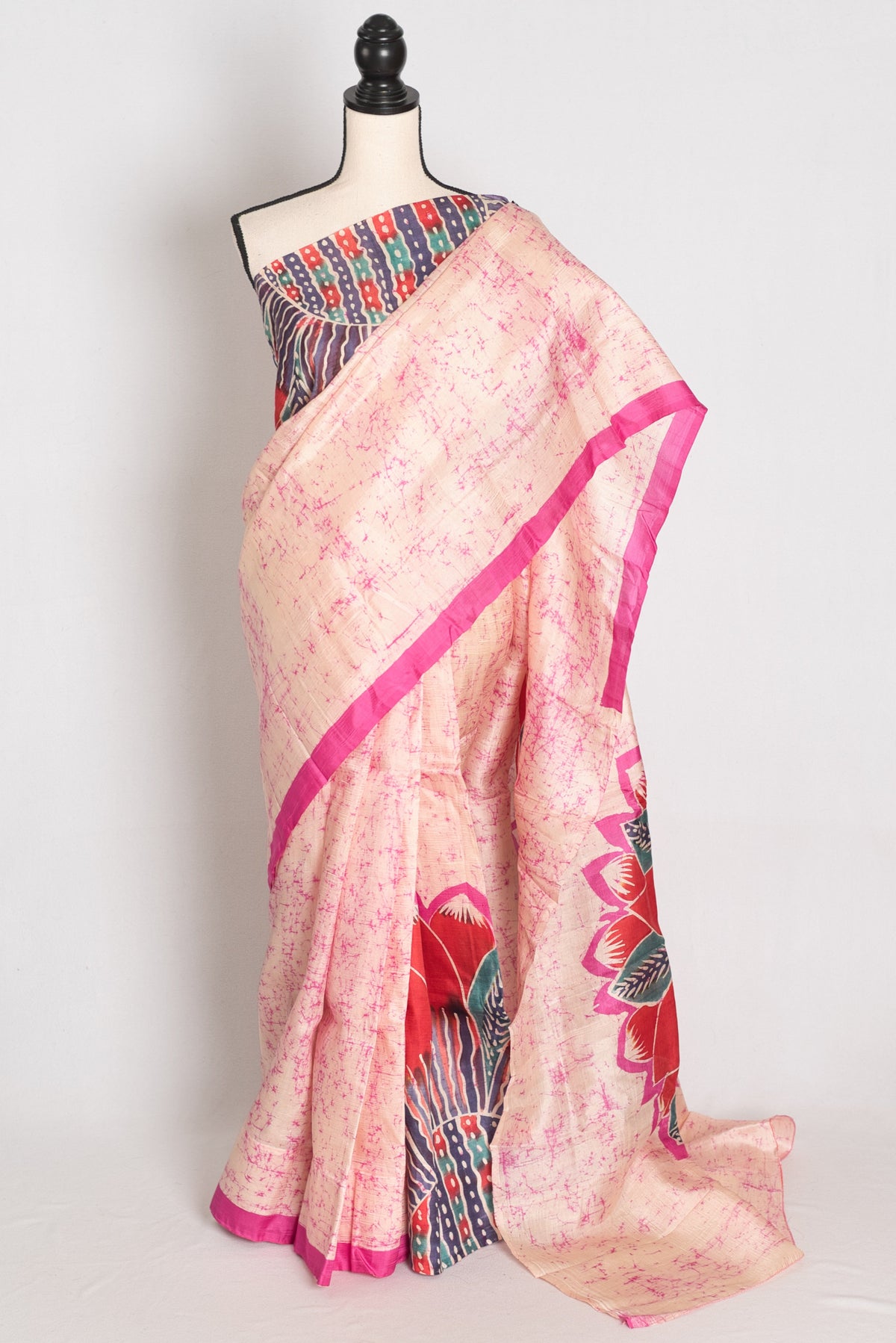 Dhriti : Cream and Pink Contemporary Floral Crack Batik Pure Silk Saree
