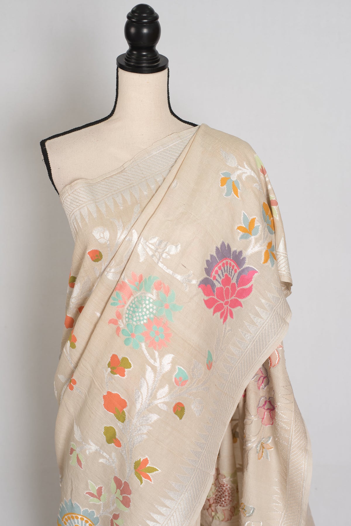 Nidhi : Beige & Silver Tussar Georgette Banarasi Saree with Minakari Florals