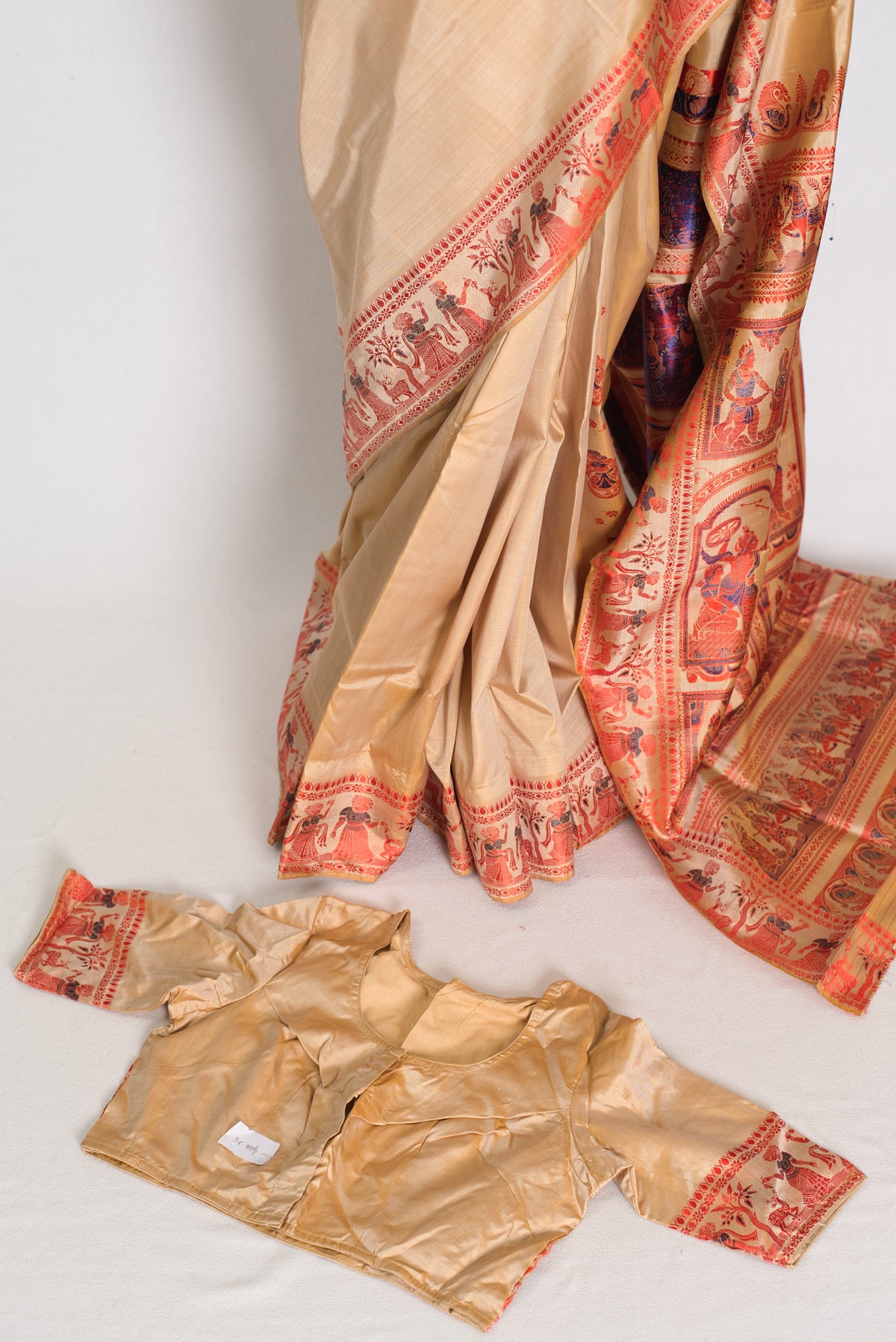 Bhromor | Beige & Orange Minakari Handwoven Baluchari Saree | 36 Size Blouse